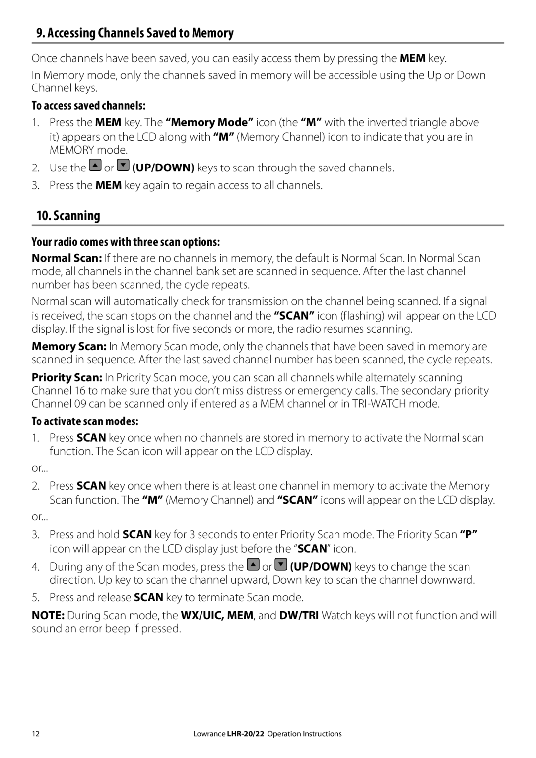 Lowrance electronic LHR-20 Accessing Channels Saved to Memory, Scanning, To access saved channels, To activate scan modes 