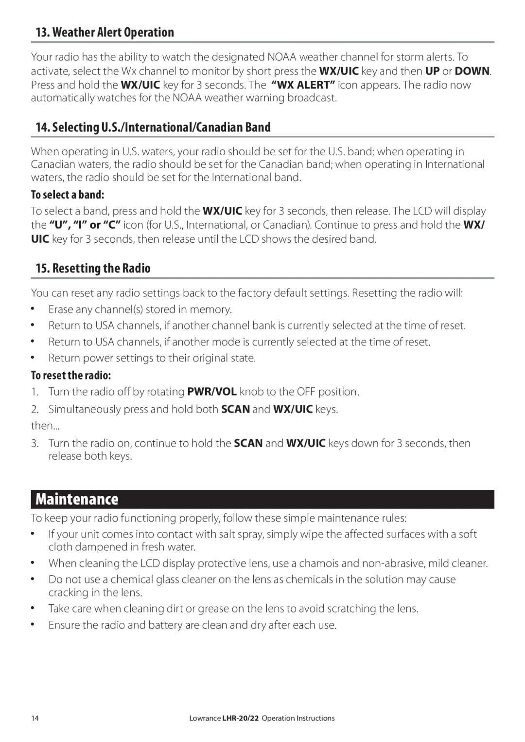 Lowrance electronic LHR-20 manual Maintenance, Weather Alert Operation, Selecting U.S./International/Canadian Band 