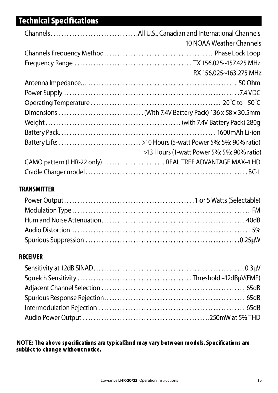 Lowrance electronic LHR-20 manual Technical Specifications, Battery Pack 1600mAh Li-ion Battery Life 