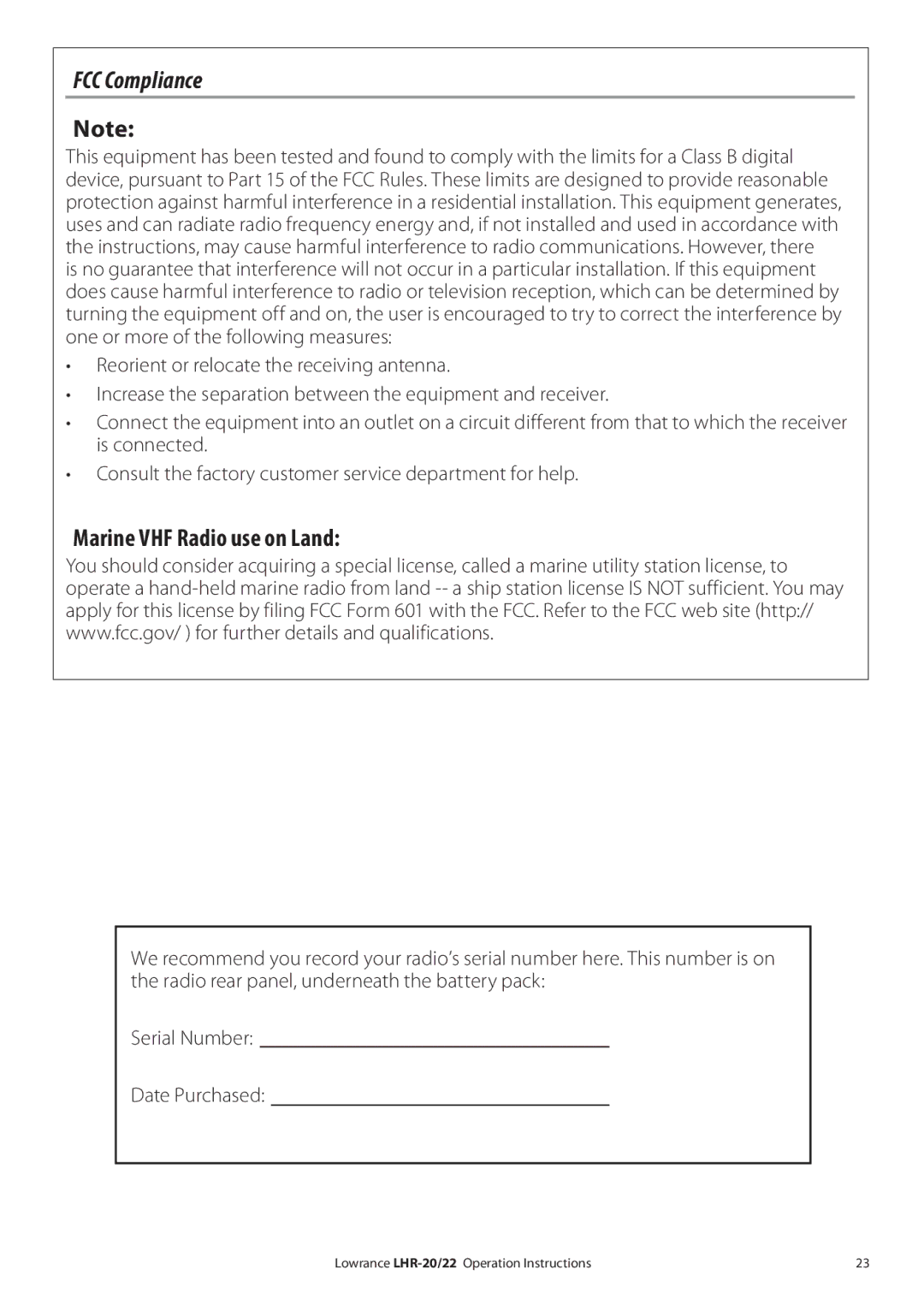 Lowrance electronic LHR-20 manual FCC Compliance, Marine VHF Radio use on Land 