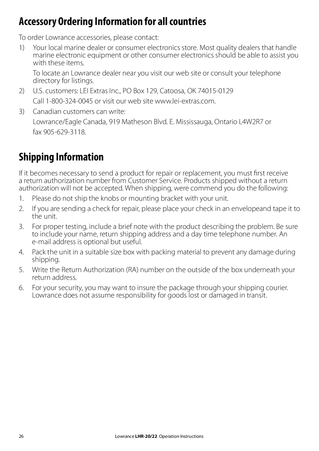 Lowrance electronic LHR-20 manual Accessory Ordering Information for all countries 