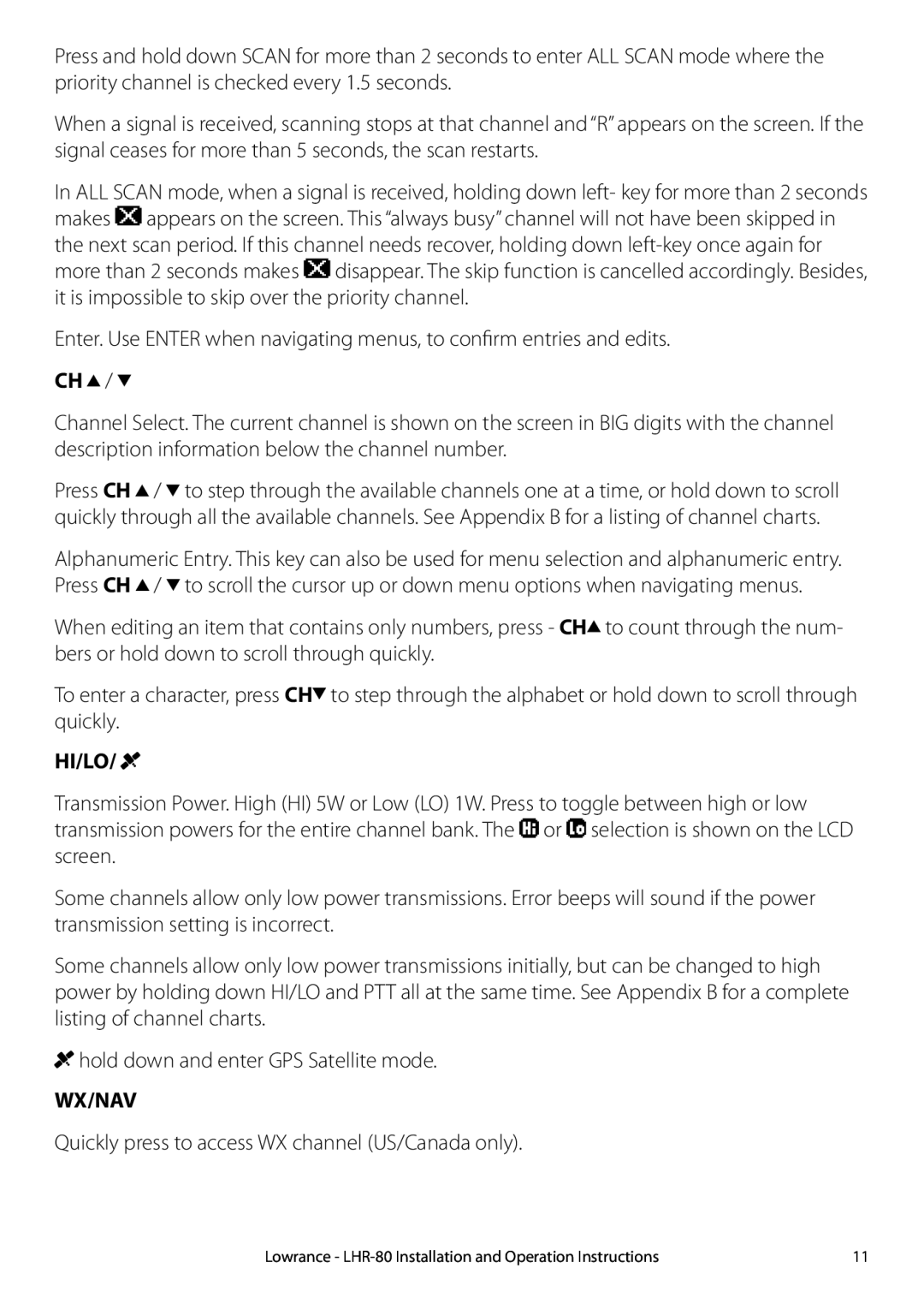 Lowrance electronic LHR-80 manual Hi/Lo, Wx/Nav 
