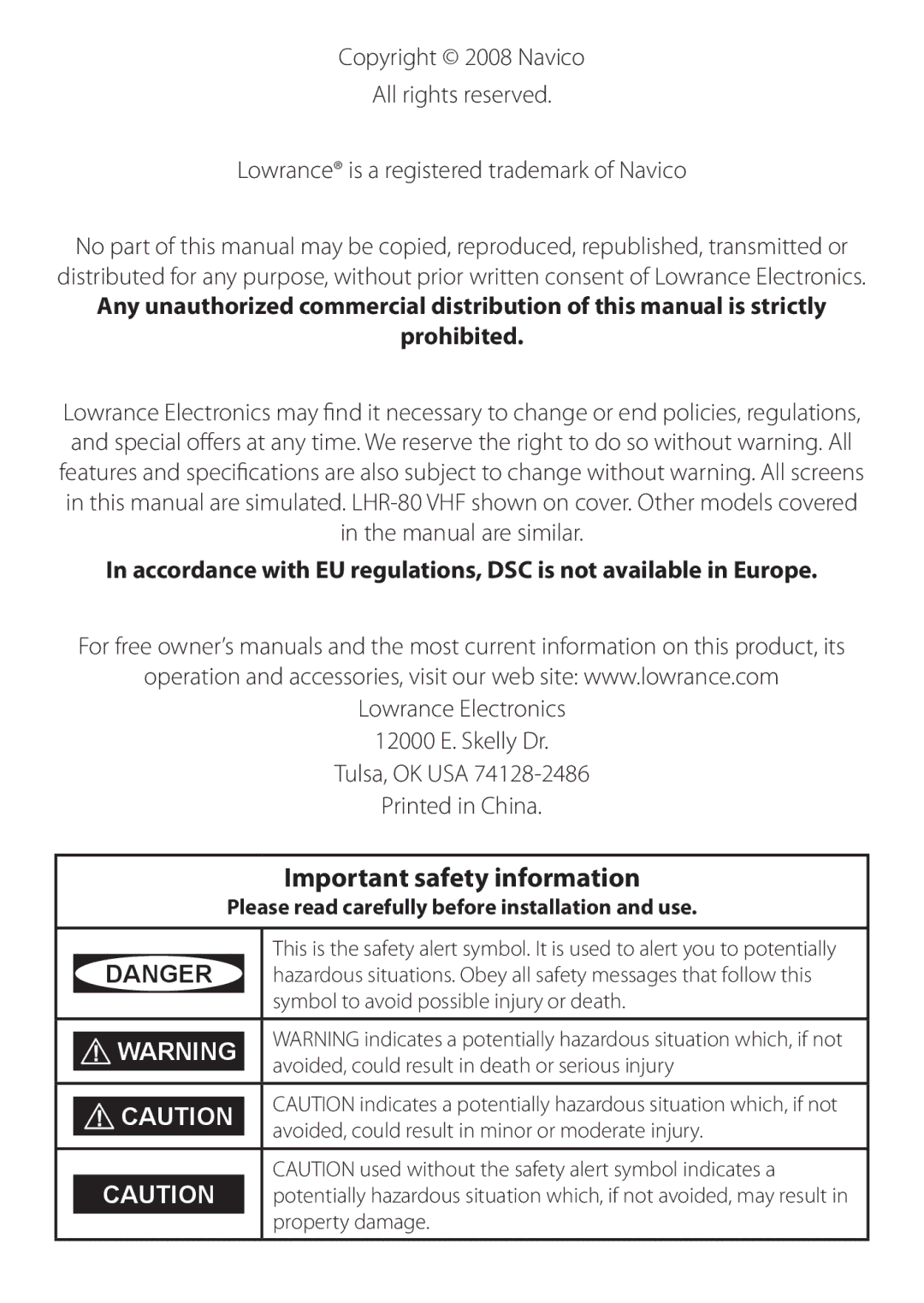 Lowrance electronic LHR-80 manual Important safety information, Please read carefully before installation and use 