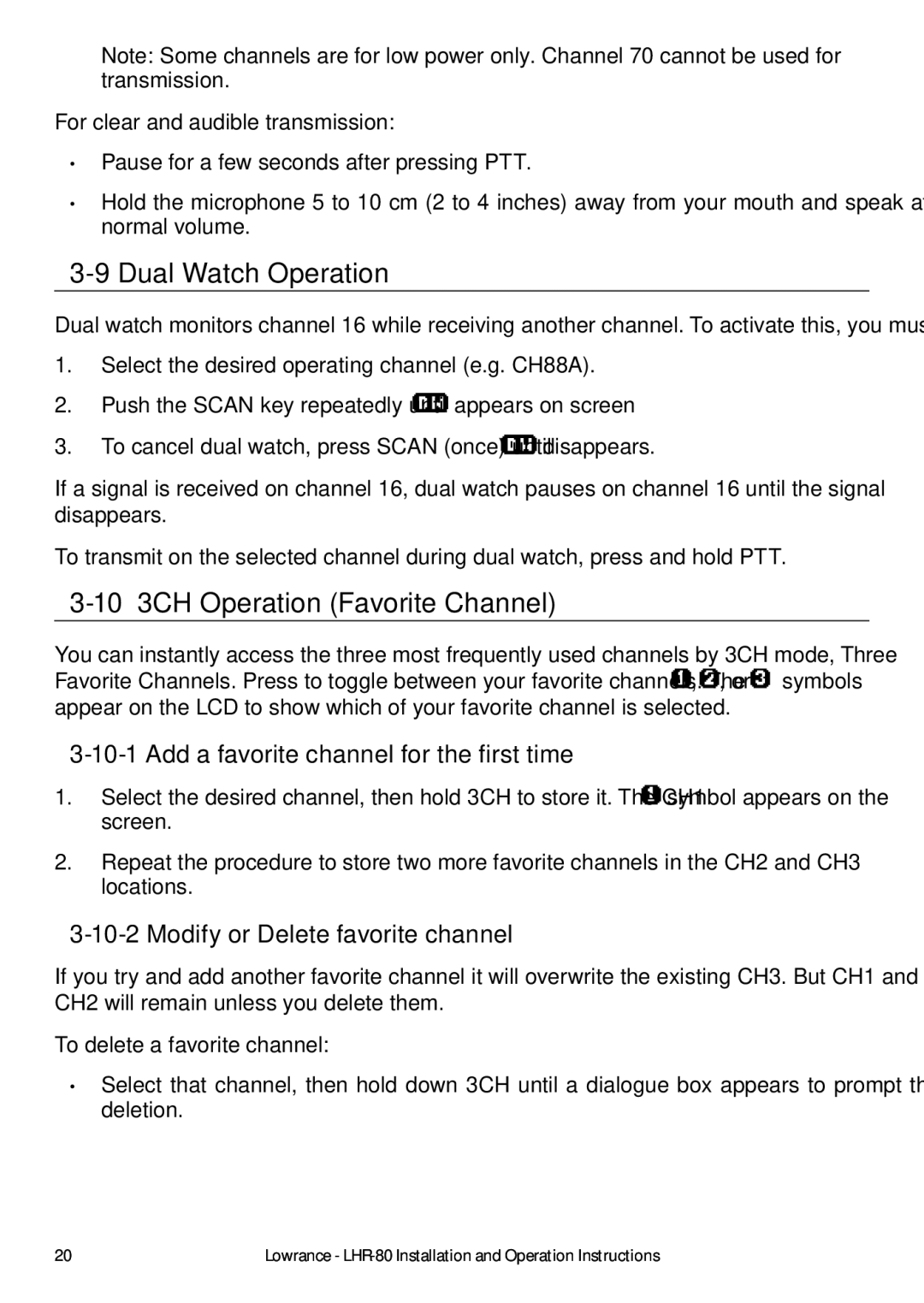 Lowrance electronic LHR-80 Dual Watch Operation, 10 3CH Operation Favorite Channel, Modify or Delete favorite channel 