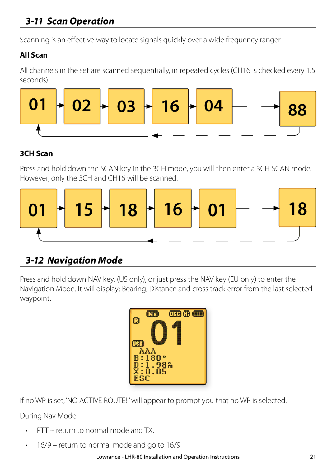 Lowrance electronic LHR-80 manual Scan Operation, Navigation Mode, All Scan, 3CH Scan 