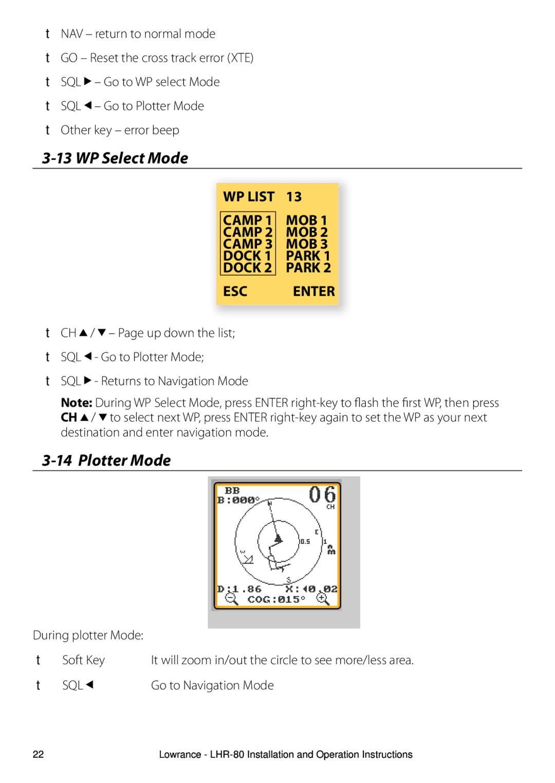 Lowrance electronic LHR-80 manual WP Select Mode, Plotter Mode, Sql, Camp 