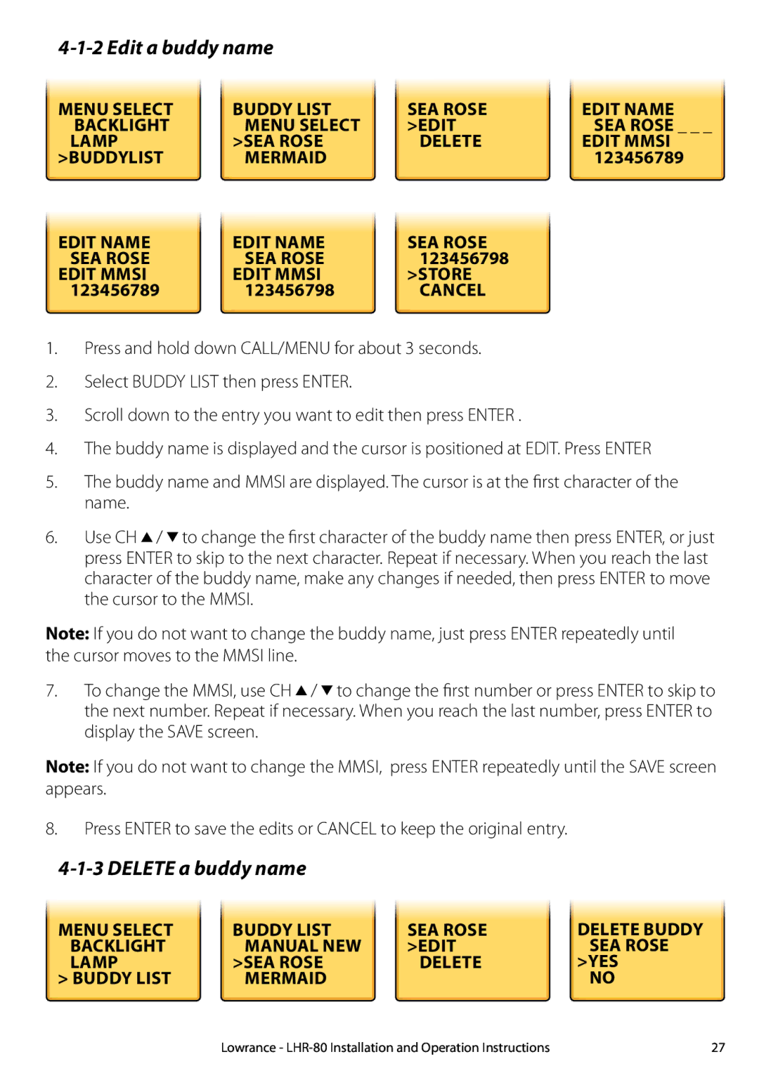 Lowrance electronic LHR-80 manual Edit a buddy name, Delete a buddy name 