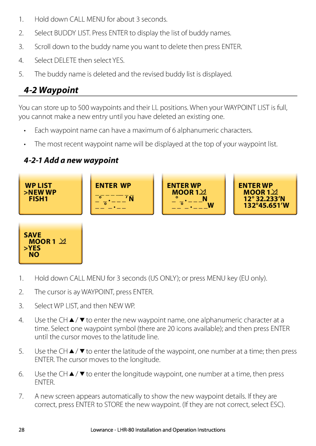 Lowrance electronic LHR-80 manual Waypoint, Add a new waypoint, Enter WP, Save Moor YES 
