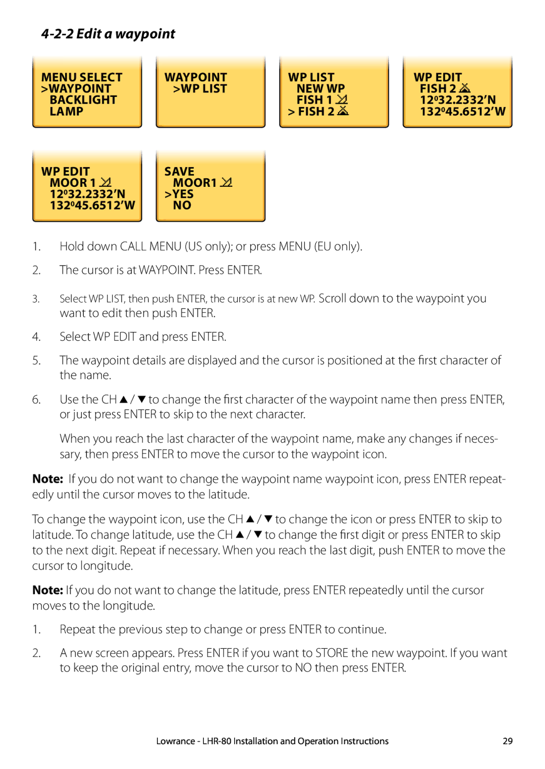 Lowrance electronic LHR-80 manual Edit a waypoint, Menu Select Waypoint WP List, Waypoint WP List NEW WP, Backlight Fish 