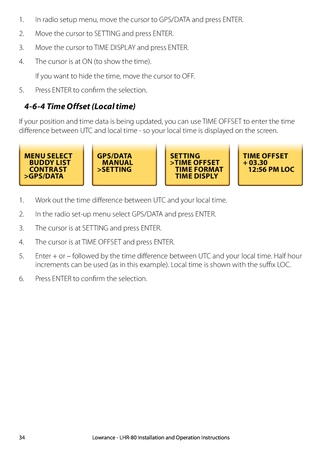 Lowrance electronic LHR-80 manual Time Offset Local time, Menu select GPS/data Setting, Time offset Contrast 
