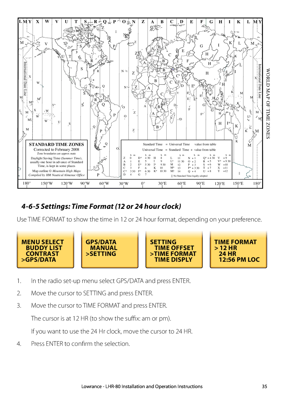 Lowrance electronic LHR-80 manual Settings Time Format 12 or 24 hour clock, Time offset 12 Hr Contrast 