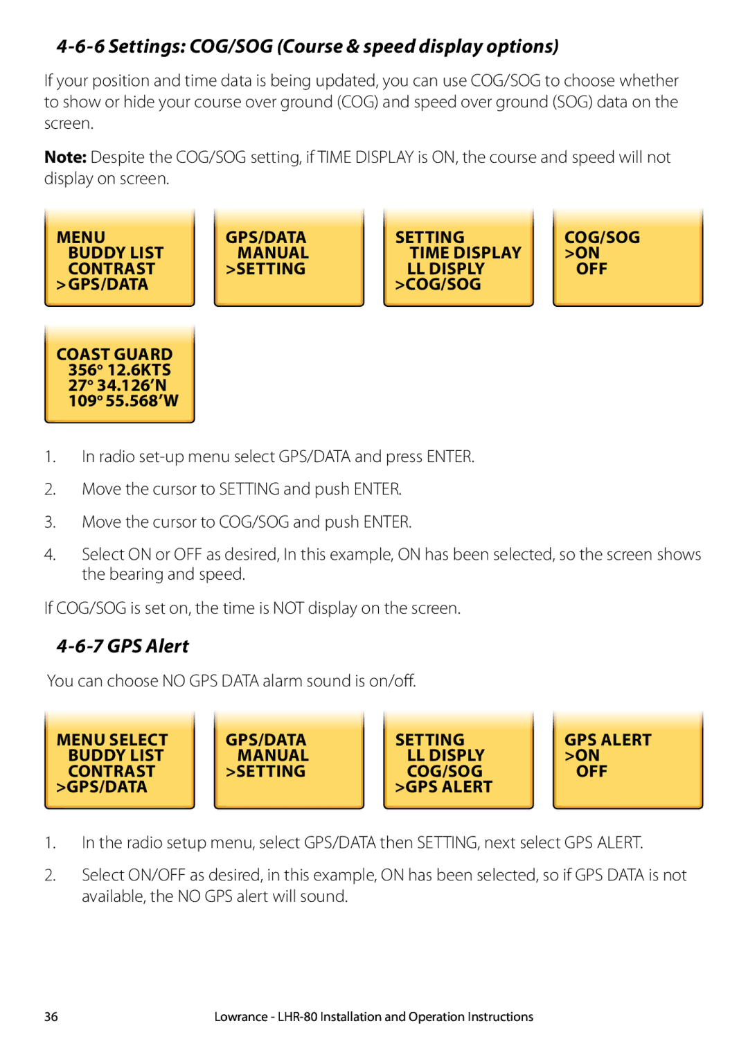 Lowrance electronic LHR-80 manual Settings COG/SOG Course & speed display options, GPS Alert, Gps/data Gps alert 