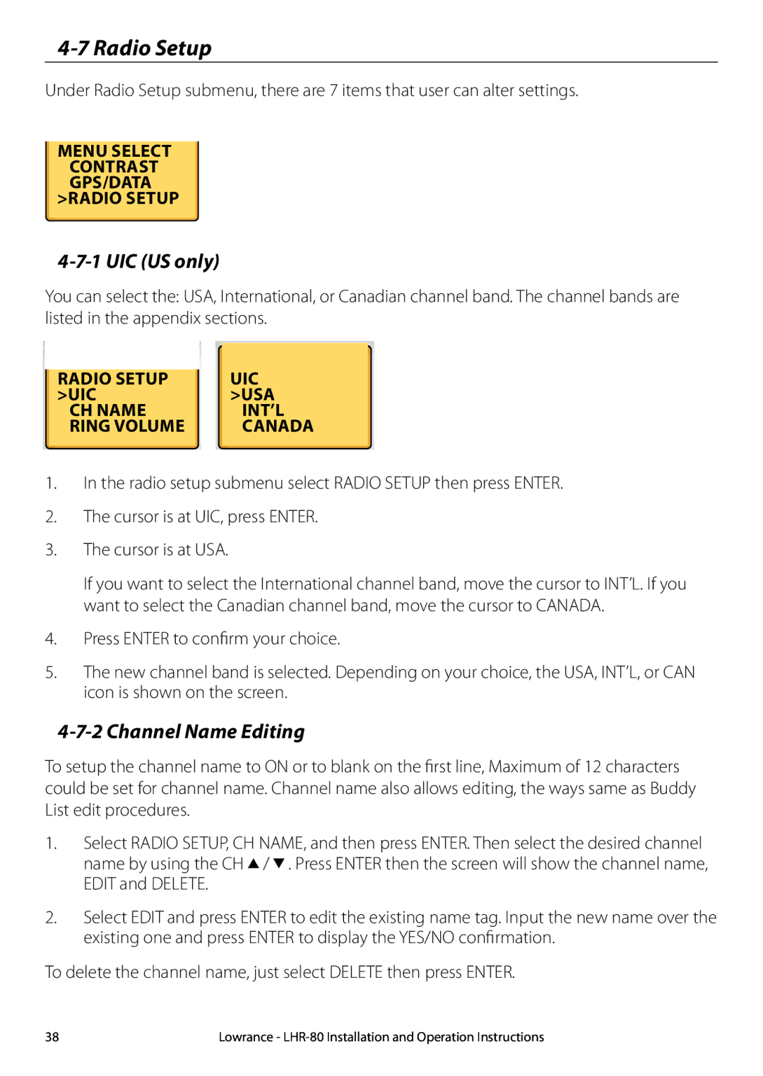 Lowrance electronic LHR-80 manual Radio Setup, UIC US only, Channel Name Editing, Uic, Usa 