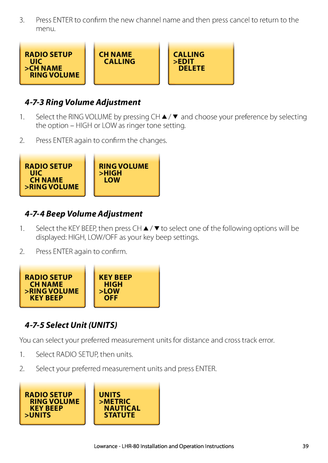 Lowrance electronic LHR-80 manual Ring Volume Adjustment, Beep Volume Adjustment, Select Unit Units 