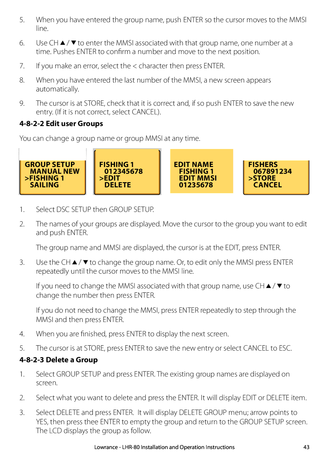 Lowrance electronic LHR-80 Group Setup Fishing Edit Name Fishers Manual NEW, Fishing Edit Edit Mmsi Store Sailing Delete 