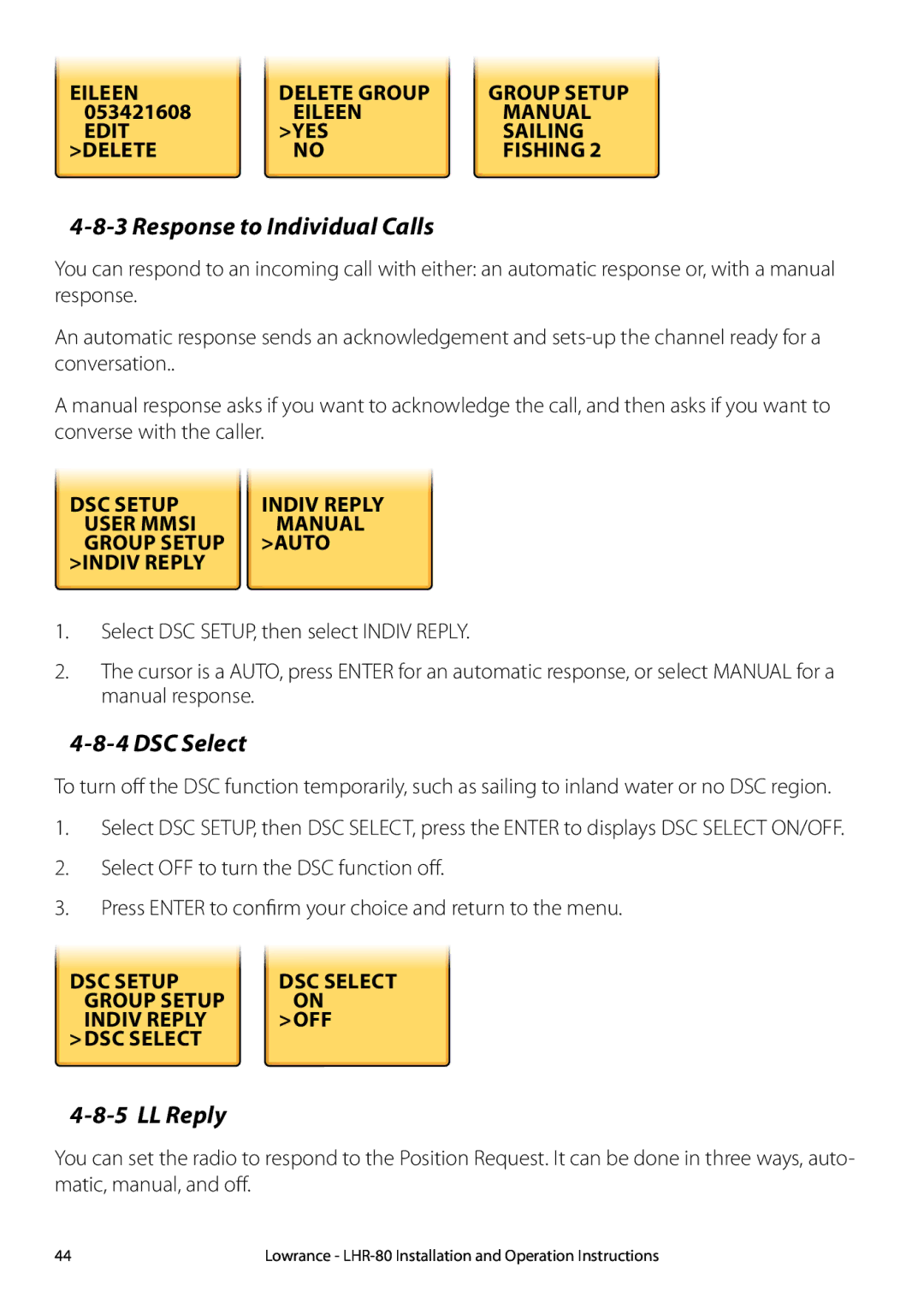 Lowrance electronic LHR-80 manual Response to Individual Calls, DSC Select, LL Reply 