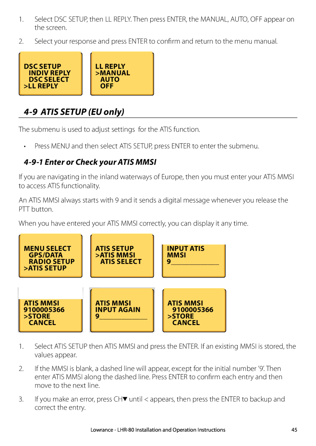 Lowrance electronic LHR-80 manual Atis Setup EU only, Enter or Check your Atis Mmsi 