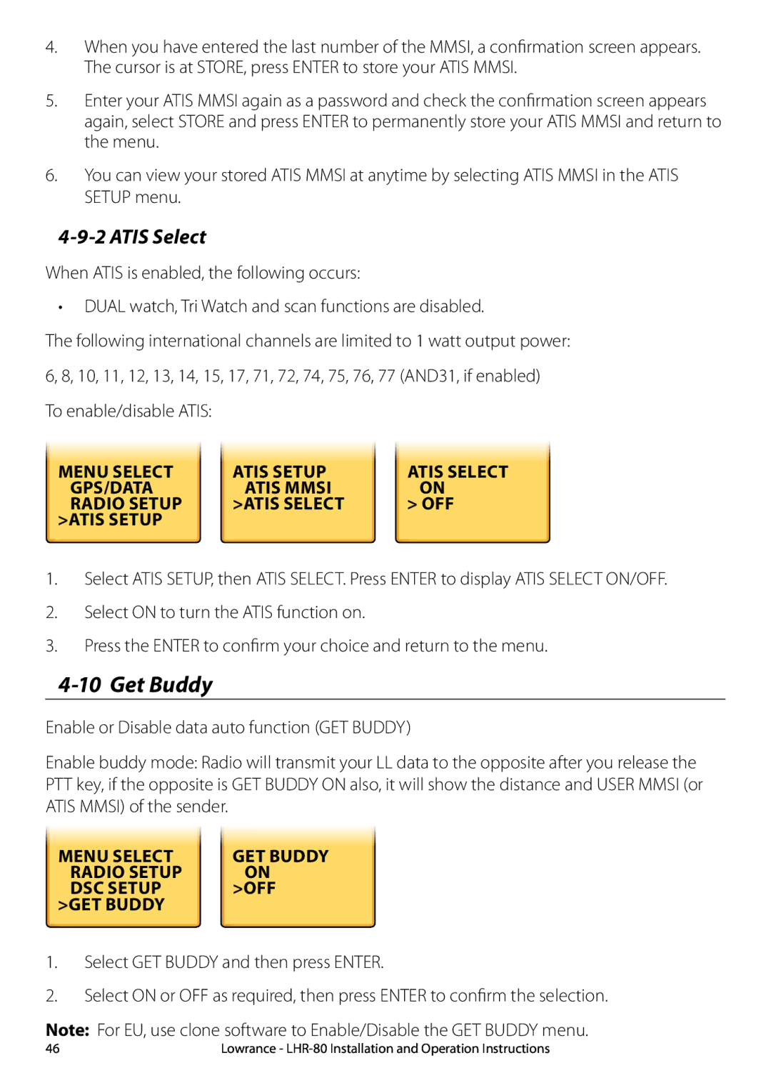 Lowrance electronic LHR-80 manual Get Buddy, Atis Setup Atis Select, Atis Select OFF 