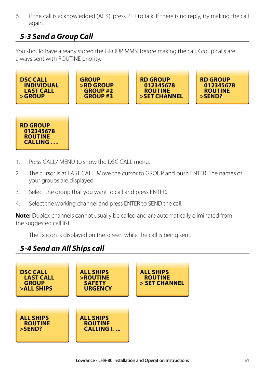 Lowrance electronic LHR-80 manual Send a Group Call, Send an All Ships call, DSC Call, RD Group, Send? 