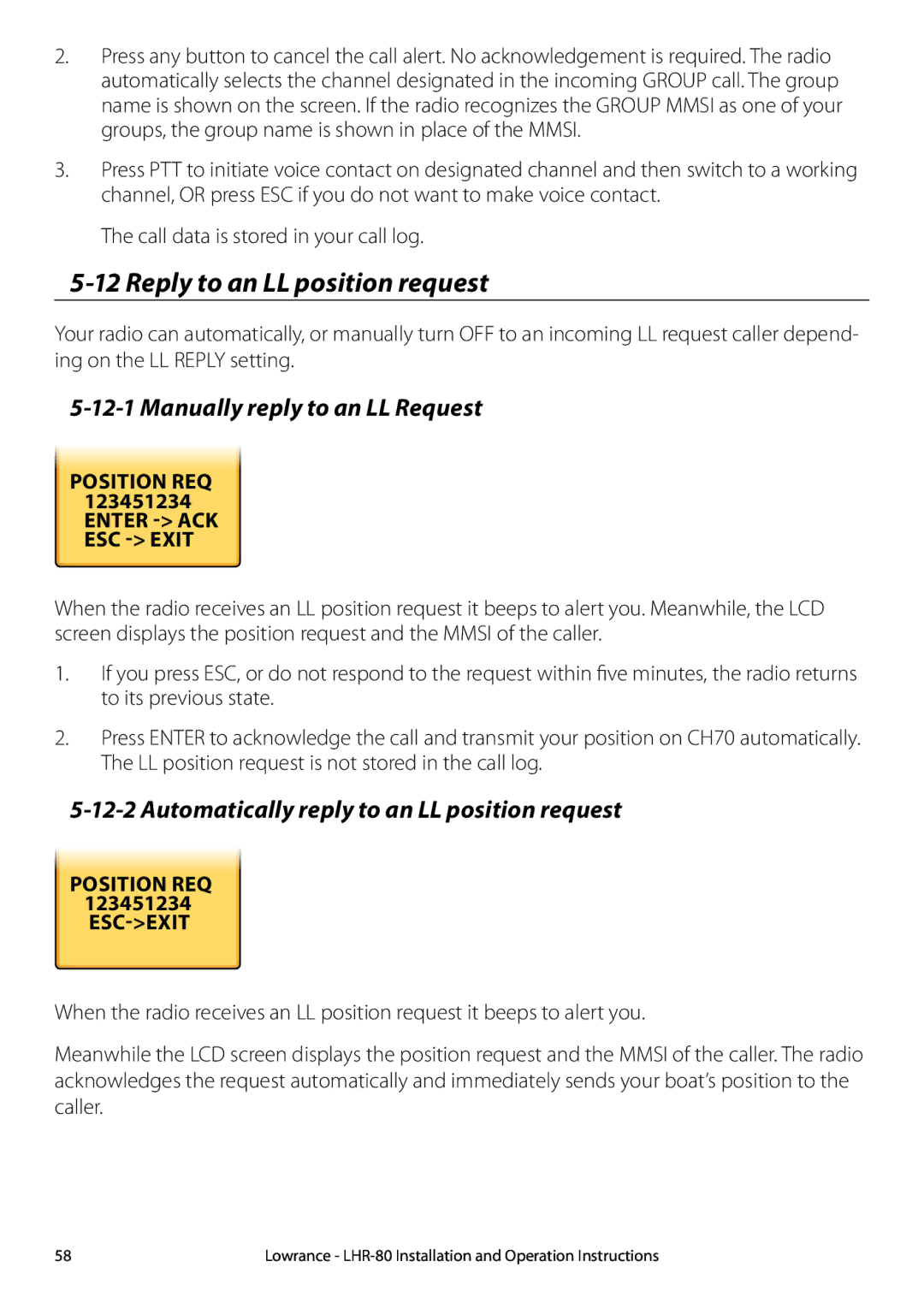 Lowrance electronic LHR-80 manual Reply to an LL position request, Manually reply to an LL Request 