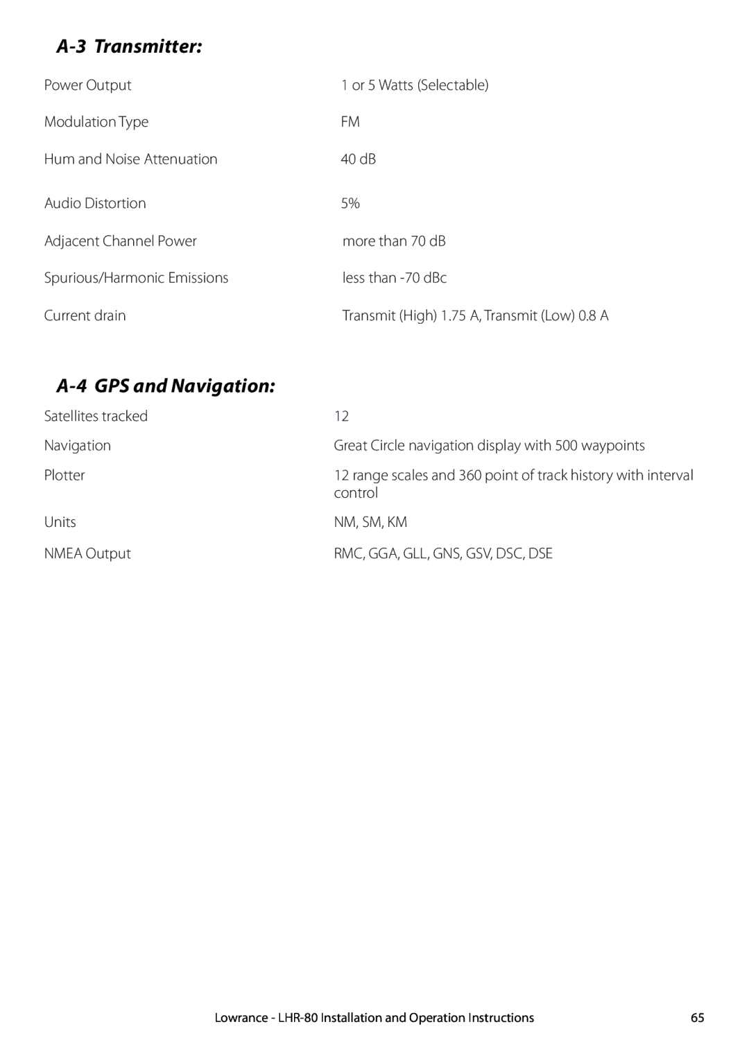 Lowrance electronic LHR-80 manual Transmitter, GPS and Navigation 