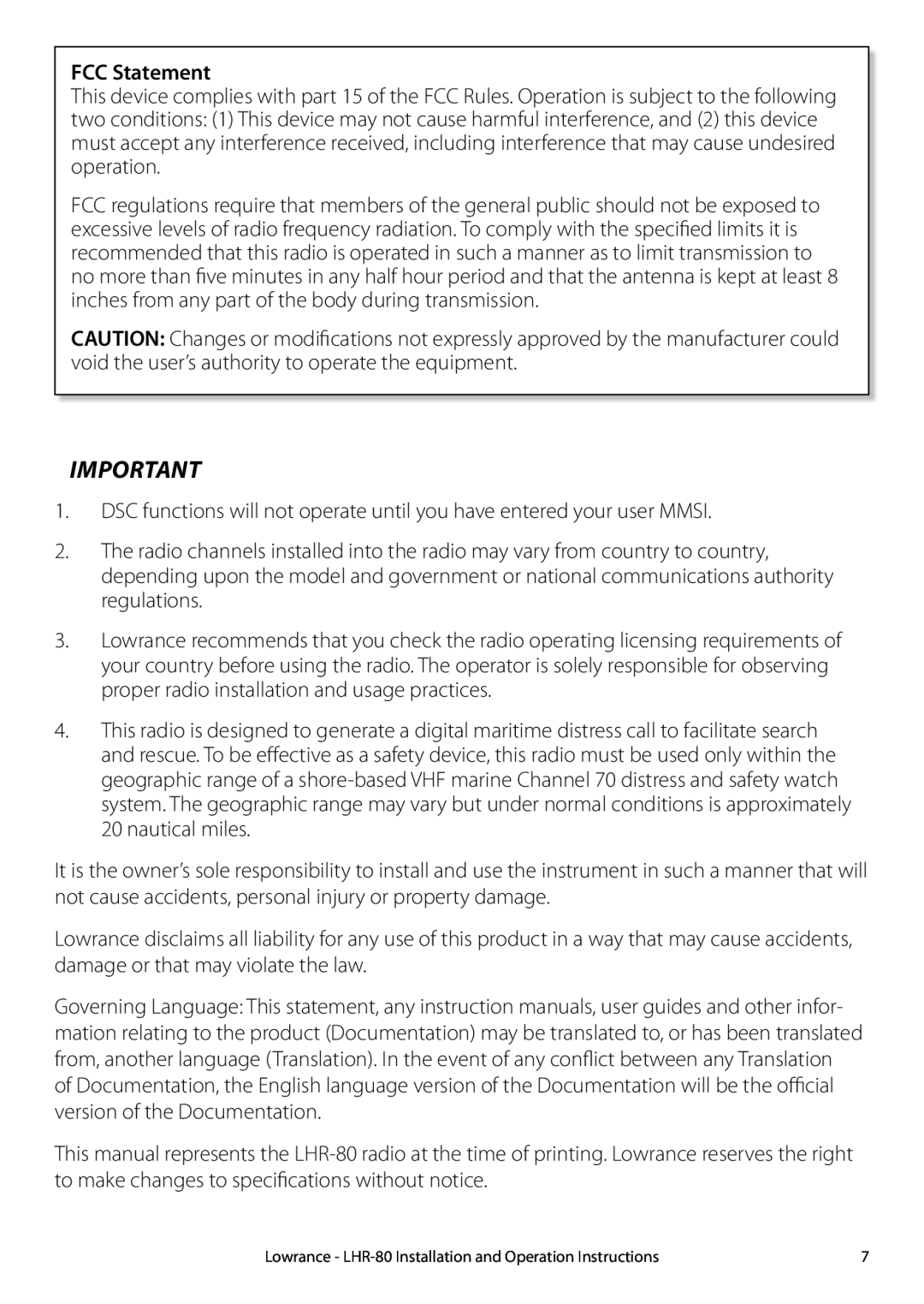 Lowrance electronic LHR-80 manual FCC Statement 