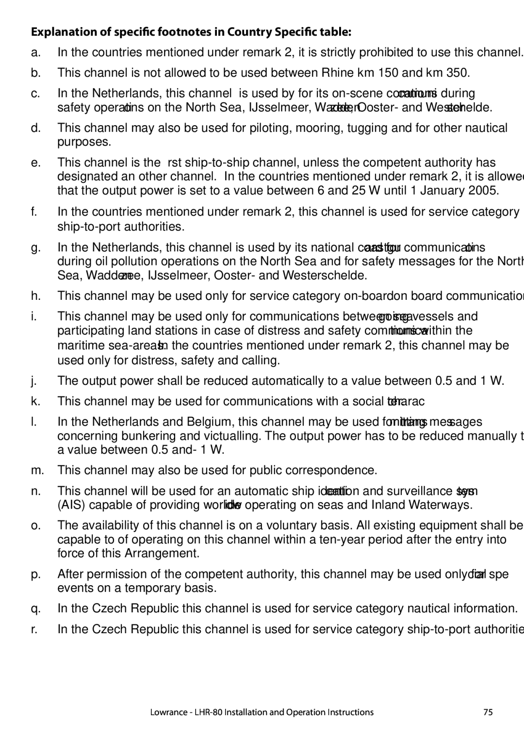 Lowrance electronic LHR-80 manual Explanation of specific footnotes in Country Specific table 