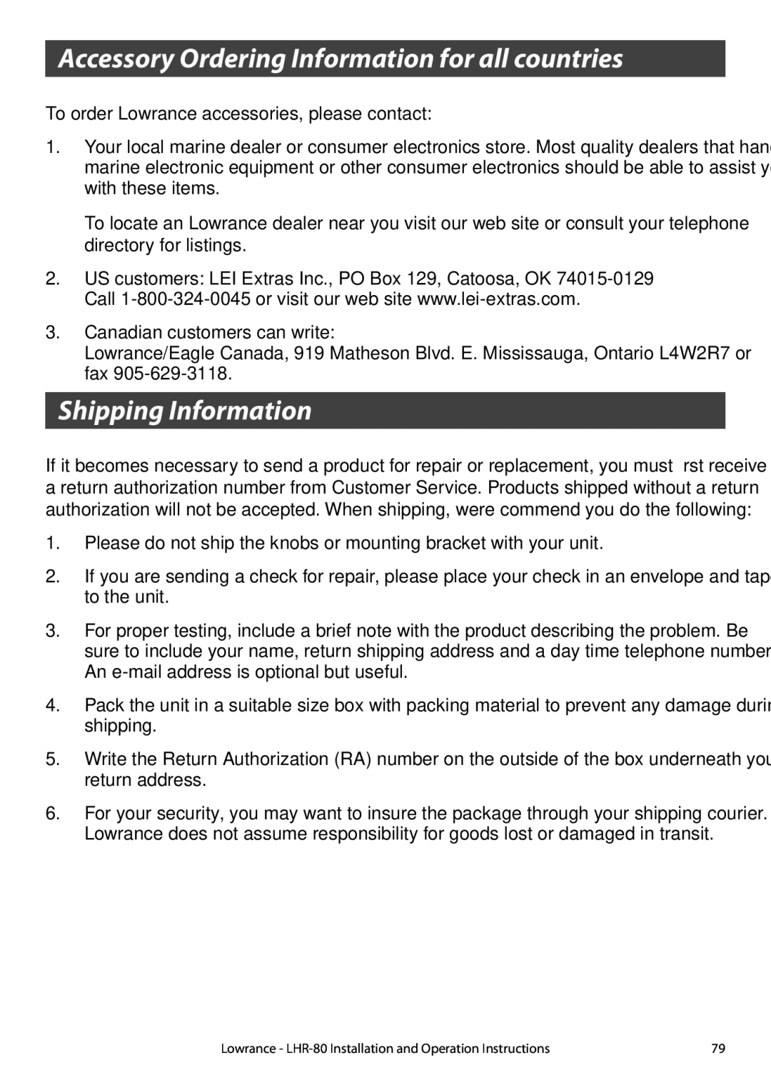 Lowrance electronic LHR-80 manual Accessory Ordering Information for all countries, Shipping Information 