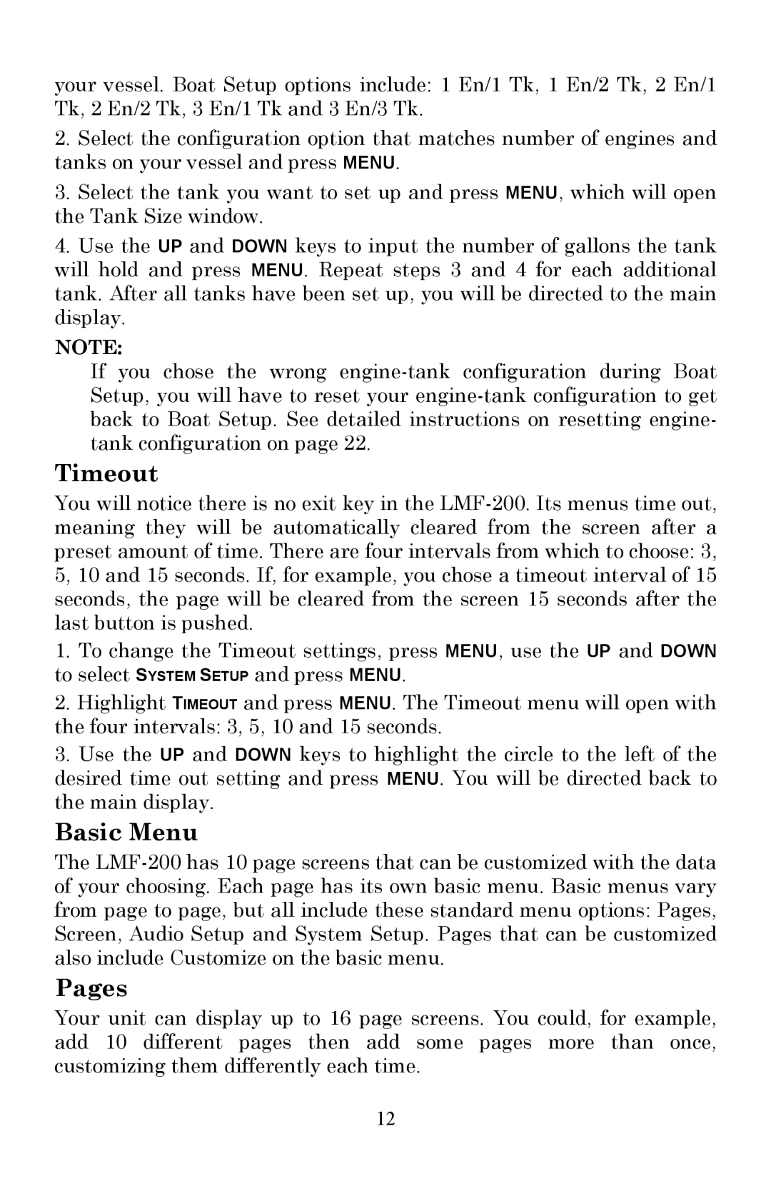 Lowrance electronic LMF-200 manual Timeout, Basic Menu, Pages 