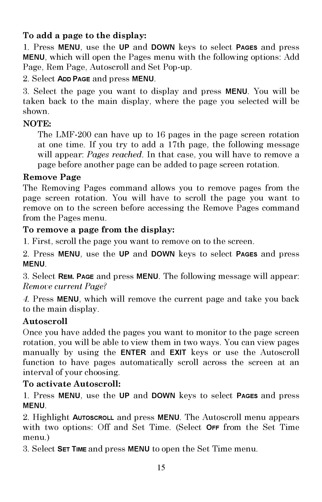Lowrance electronic LMF-200 manual To add a page to the display, Remove, To remove a page from the display, Autoscroll 