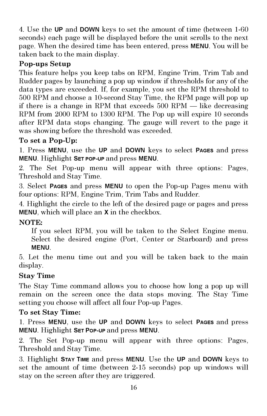 Lowrance electronic LMF-200 manual Pop-ups Setup, To set a Pop-Up, To set Stay Time 