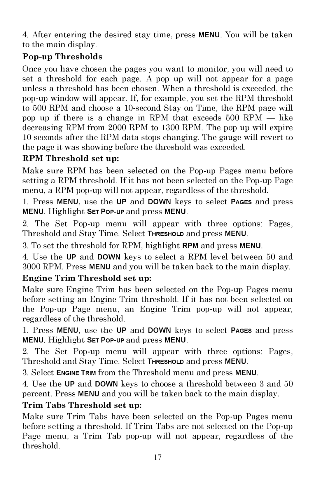 Lowrance electronic LMF-200 manual Pop-up Thresholds, RPM Threshold set up, Engine Trim Threshold set up 