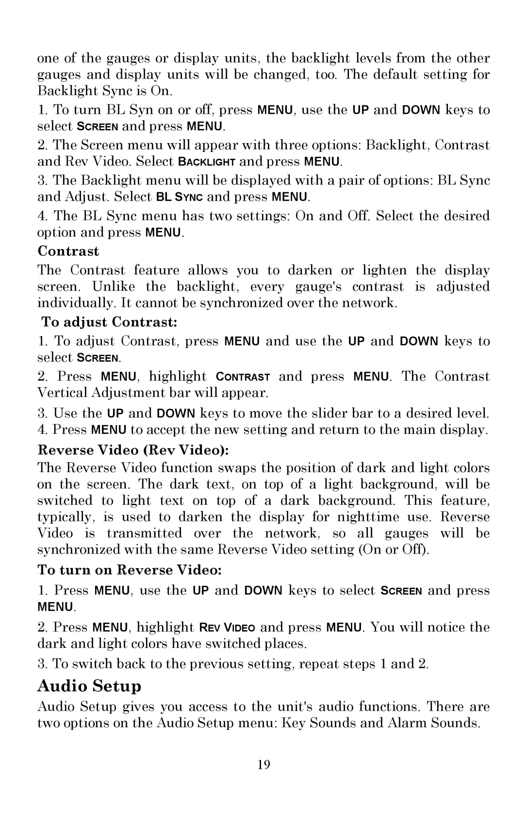 Lowrance electronic LMF-200 manual Audio Setup, To adjust Contrast, Reverse Video Rev Video, To turn on Reverse Video 