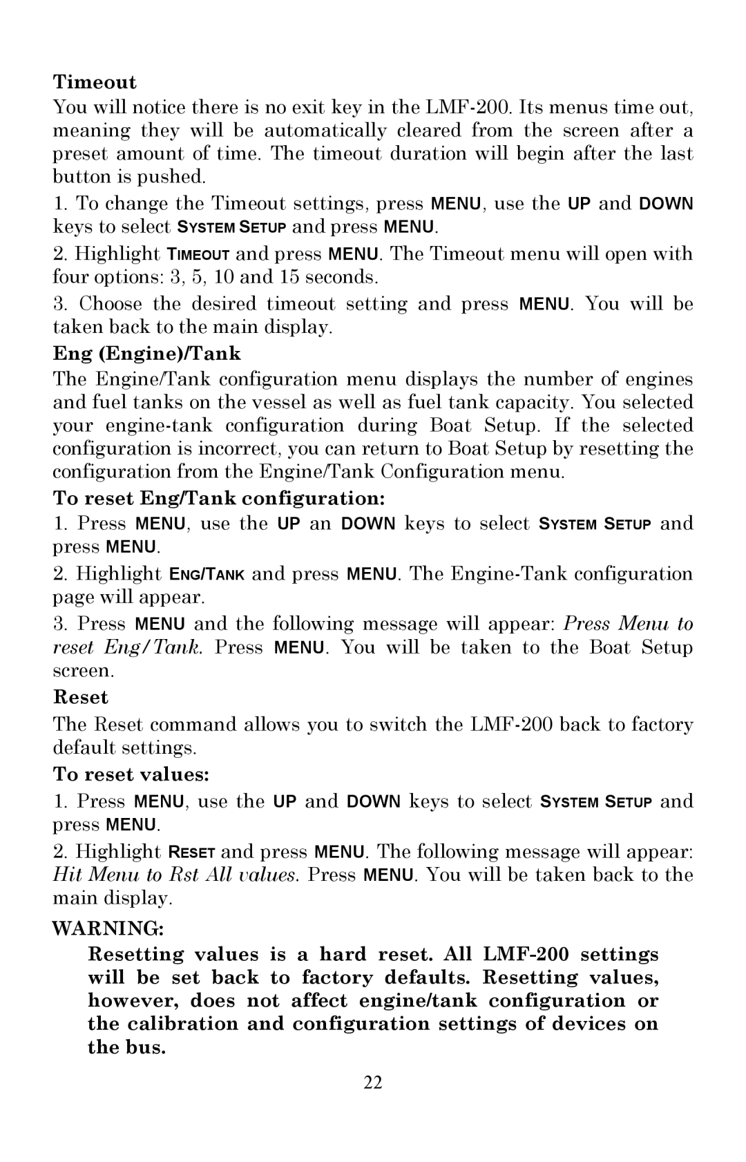 Lowrance electronic LMF-200 manual Timeout, Eng Engine/Tank, To reset Eng/Tank configuration, Reset, To reset values 