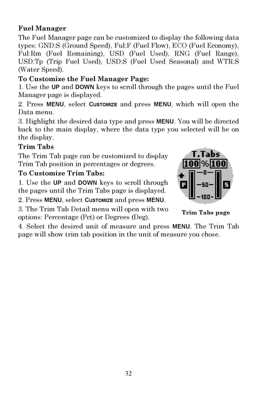 Lowrance electronic LMF-200 manual To Customize the Fuel Manager, To Customize Trim Tabs 