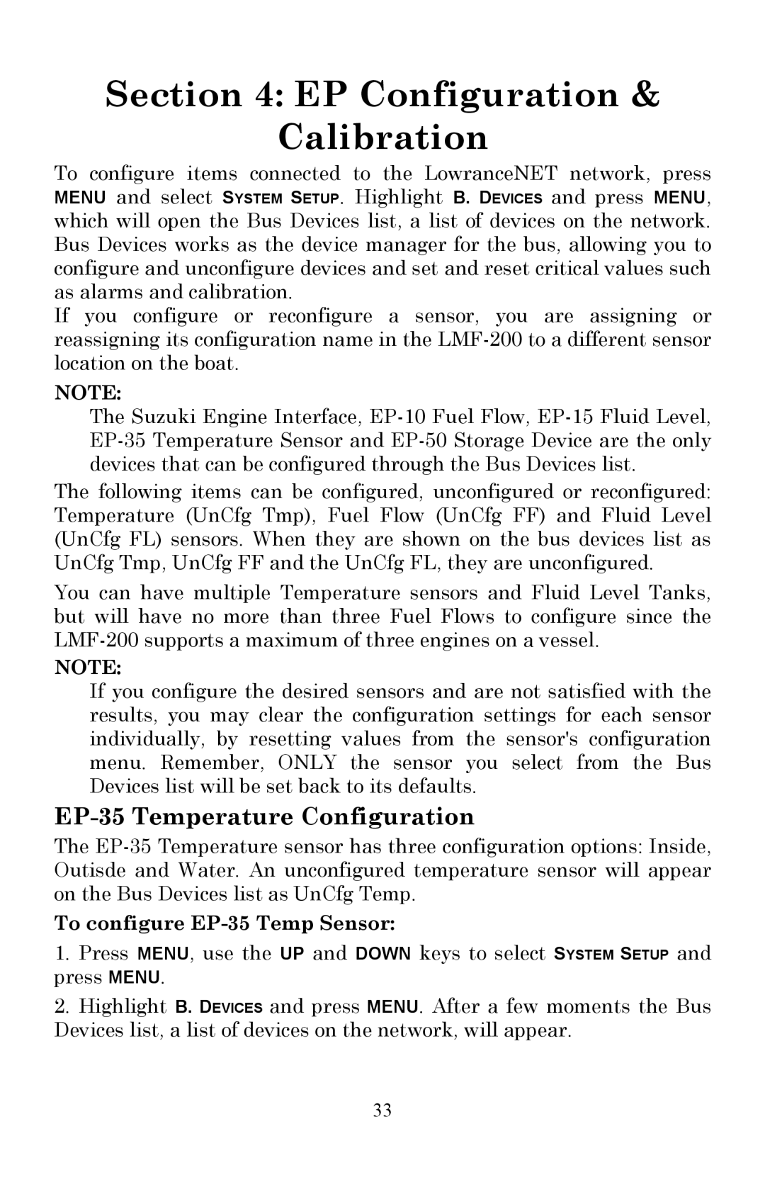 Lowrance electronic LMF-200 manual EP-35 Temperature Configuration, To configure EP-35 Temp Sensor 