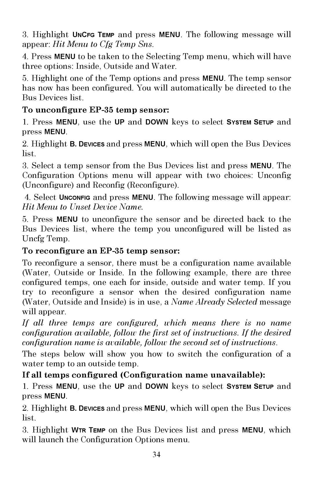 Lowrance electronic LMF-200 manual To unconfigure EP-35 temp sensor, To reconfigure an EP-35 temp sensor 