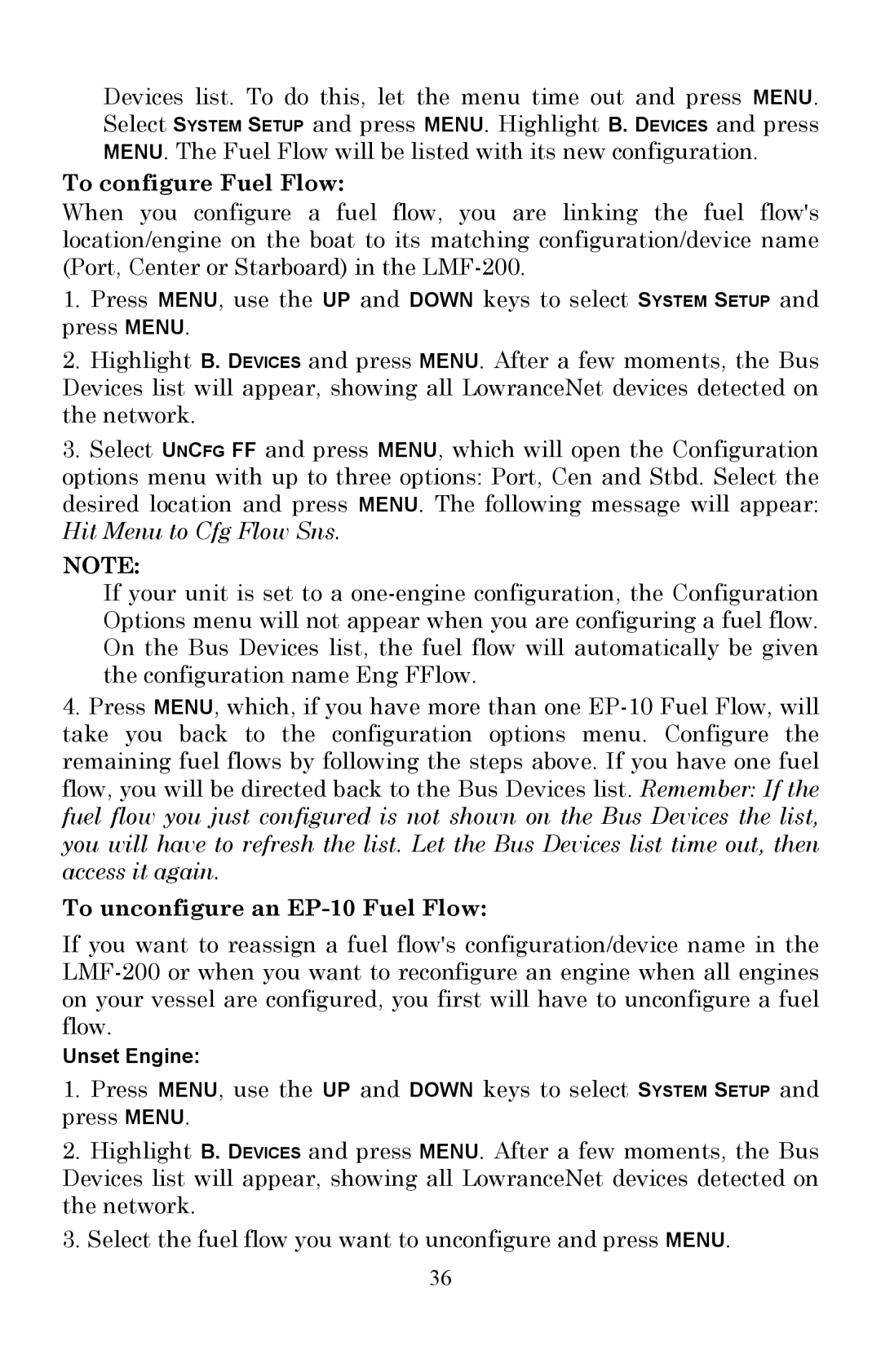 Lowrance electronic LMF-200 manual To configure Fuel Flow, To unconfigure an EP-10 Fuel Flow 