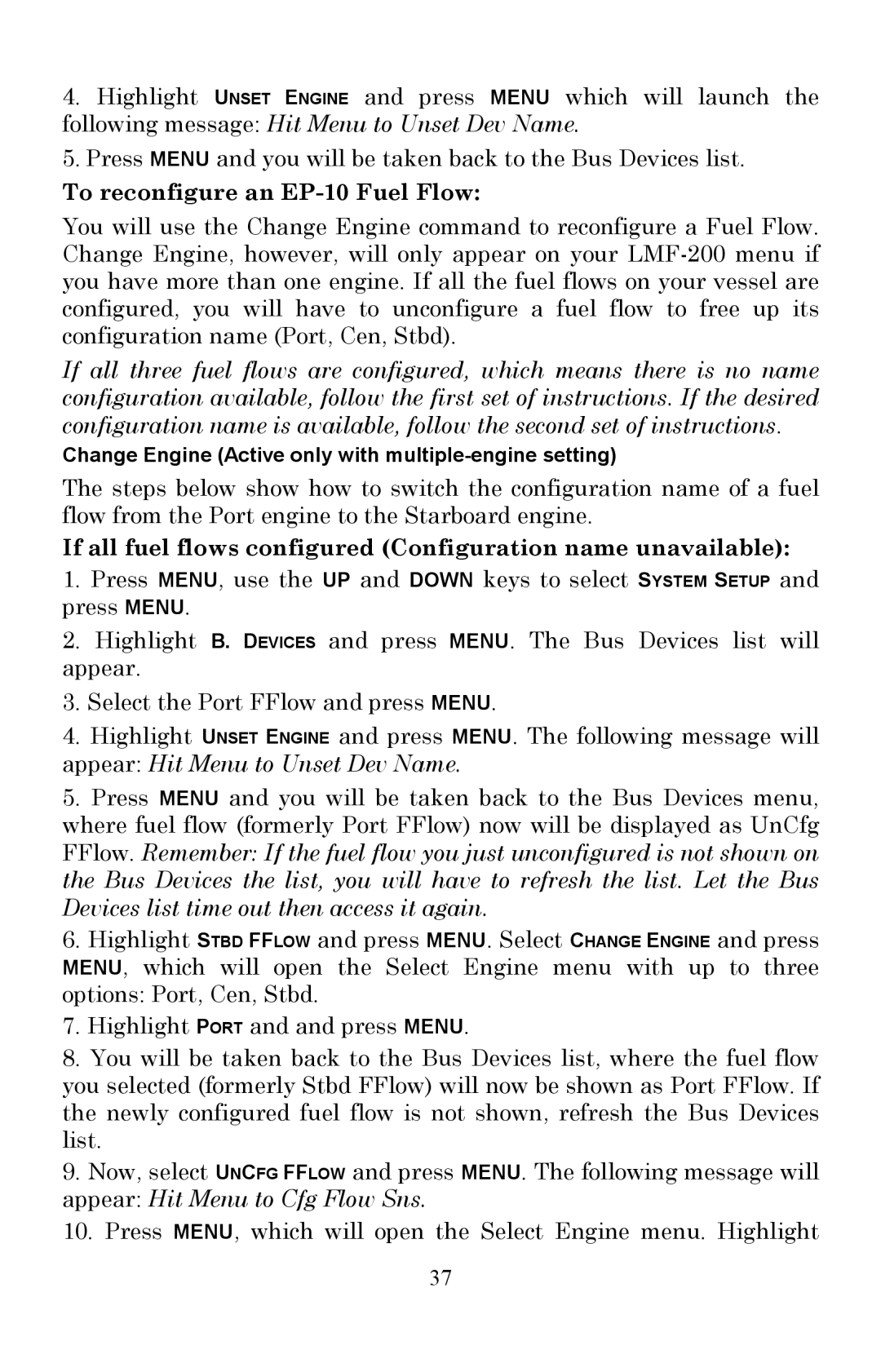 Lowrance electronic LMF-200 To reconfigure an EP-10 Fuel Flow, If all fuel flows configured Configuration name unavailable 