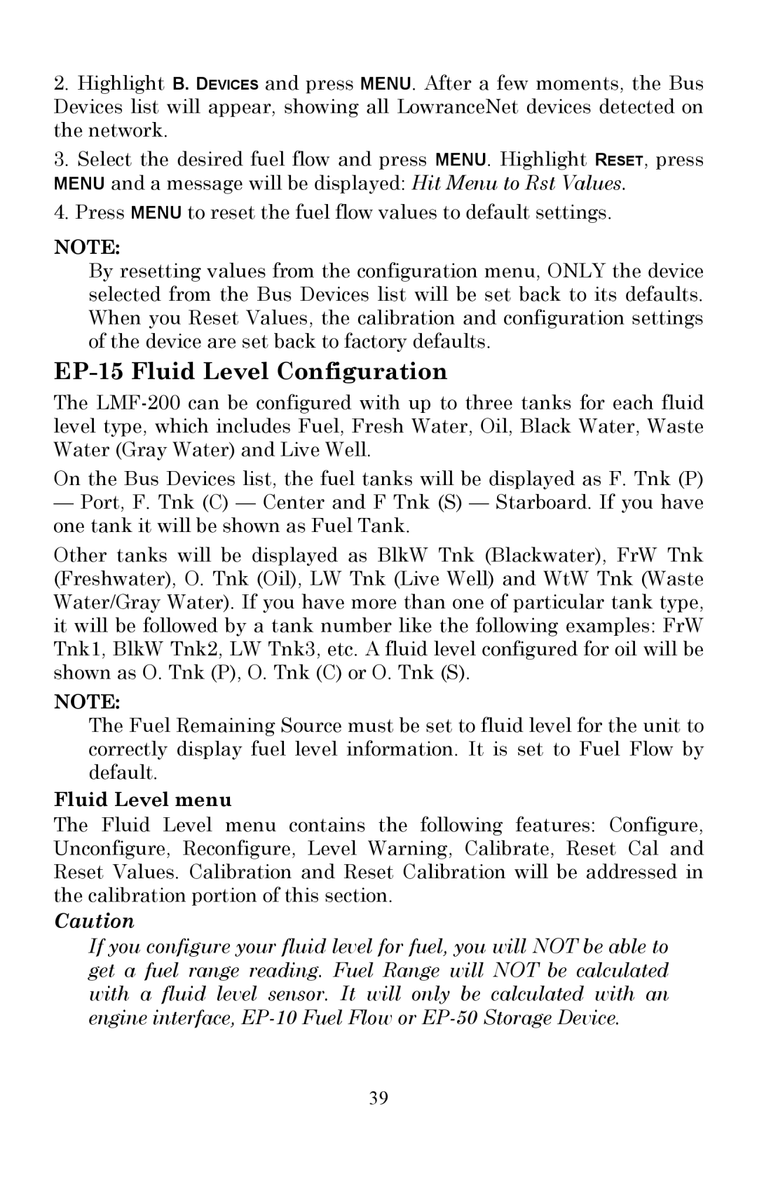 Lowrance electronic LMF-200 manual EP-15 Fluid Level Configuration, Fluid Level menu 