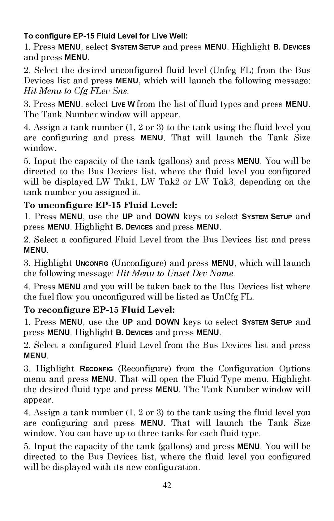 Lowrance electronic LMF-200 manual To unconfigure EP-15 Fluid Level, To reconfigure EP-15 Fluid Level 