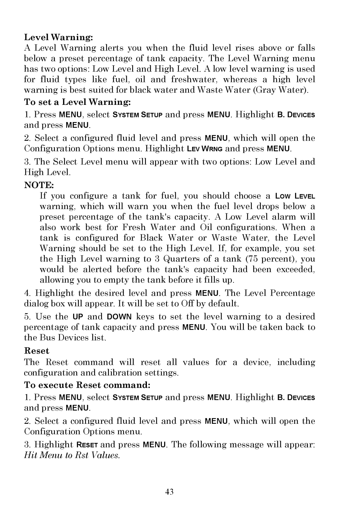 Lowrance electronic LMF-200 manual To set a Level Warning, To execute Reset command 