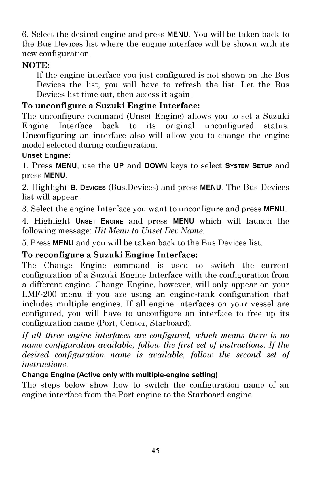 Lowrance electronic LMF-200 manual To unconfigure a Suzuki Engine Interface, To reconfigure a Suzuki Engine Interface 