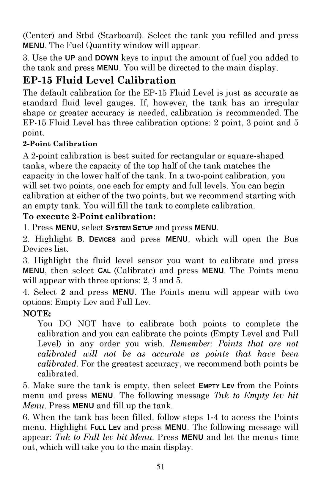 Lowrance electronic LMF-200 manual EP-15 Fluid Level Calibration, To execute 2-Point calibration 