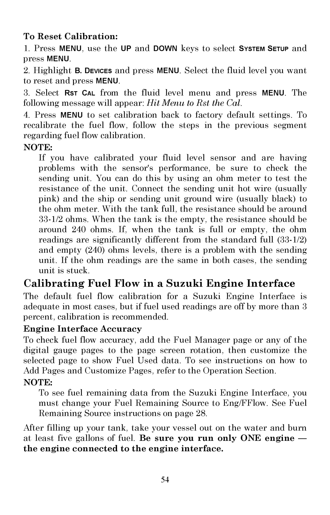 Lowrance electronic LMF-200 manual Calibrating Fuel Flow in a Suzuki Engine Interface, To Reset Calibration 