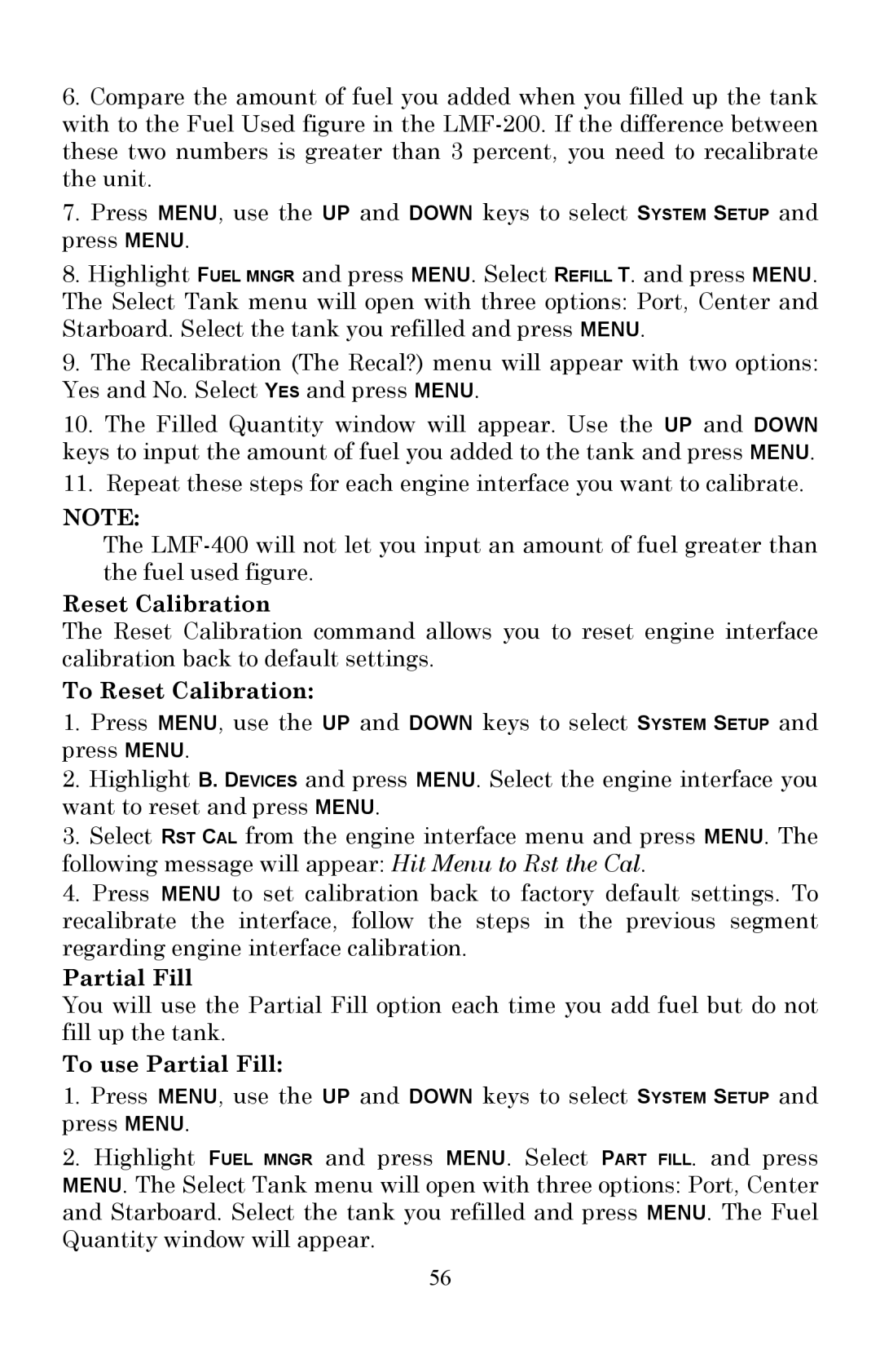 Lowrance electronic LMF-200 manual Reset Calibration 