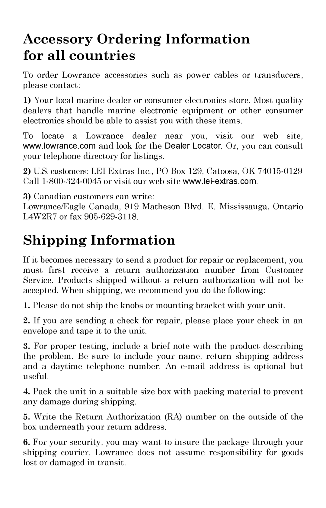 Lowrance electronic LMF-200 manual Accessory Ordering Information for all countries 