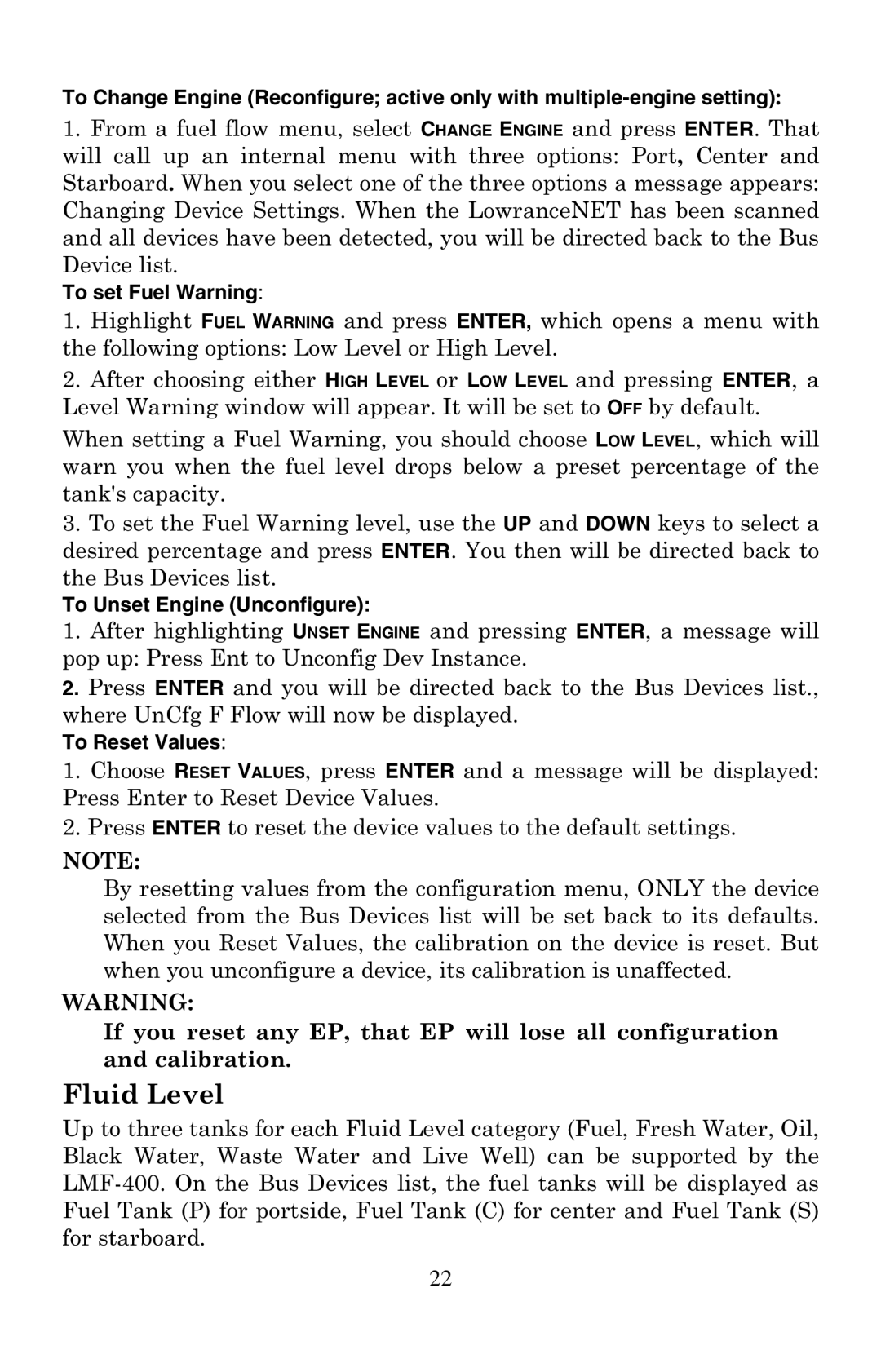 Lowrance electronic LMF-400 manual Fluid Level 