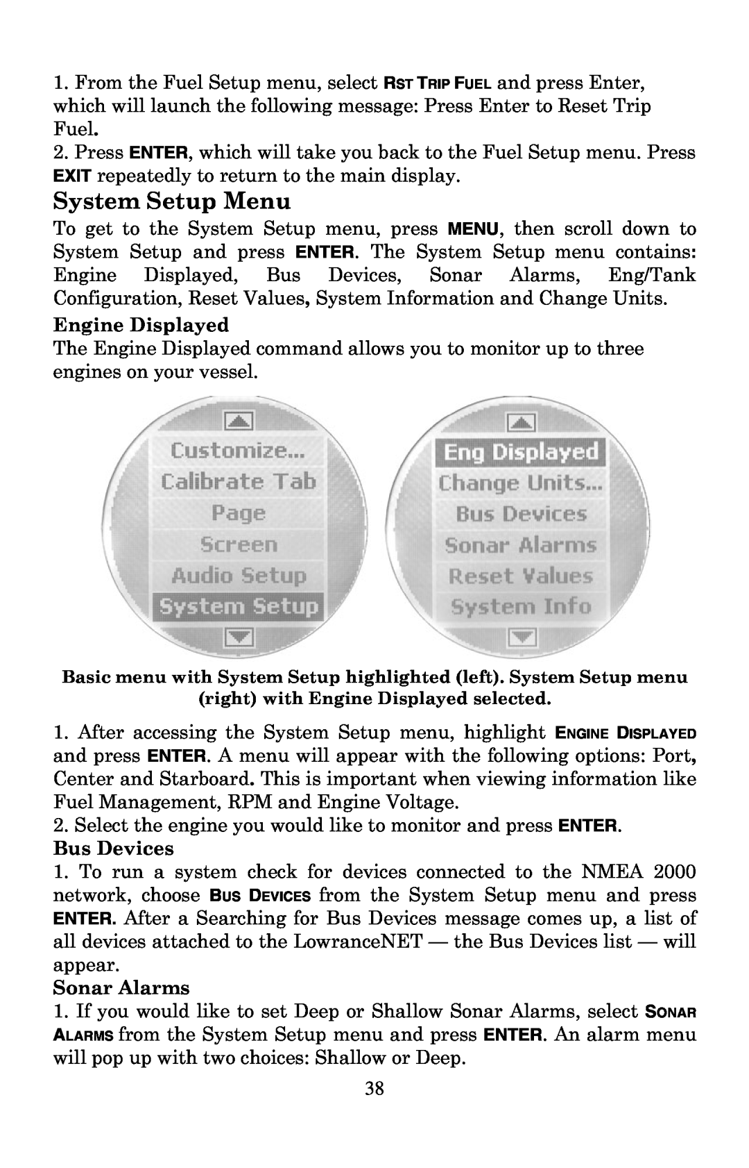 Lowrance electronic LMF-400 manual System Setup Menu, Basic menu with System Setup highlighted left. System Setup menu 