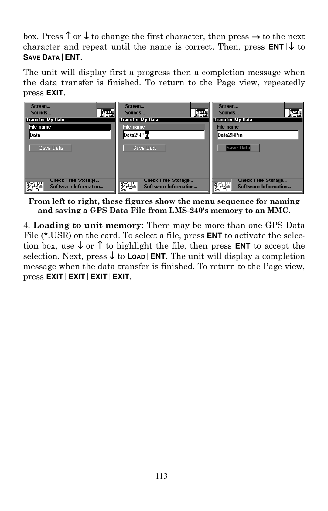 Lowrance electronic LMS-240 manual 113, Save Dataent 